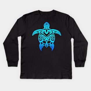 Ocean Blue Tribal Hawaiian Sea Turtle Kids Long Sleeve T-Shirt